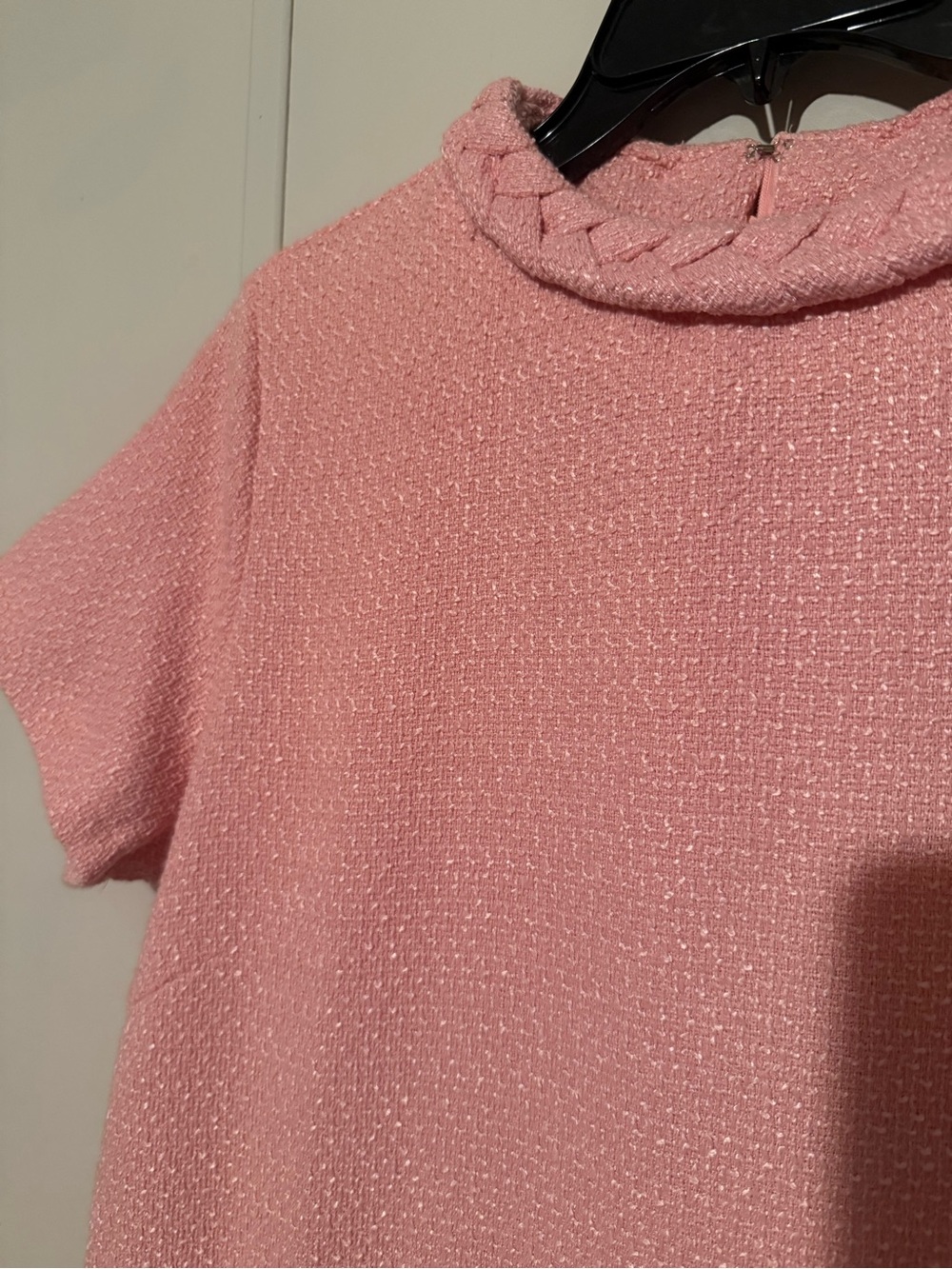 Pink Short-Sleeve Knit Dress with Braided Neckline